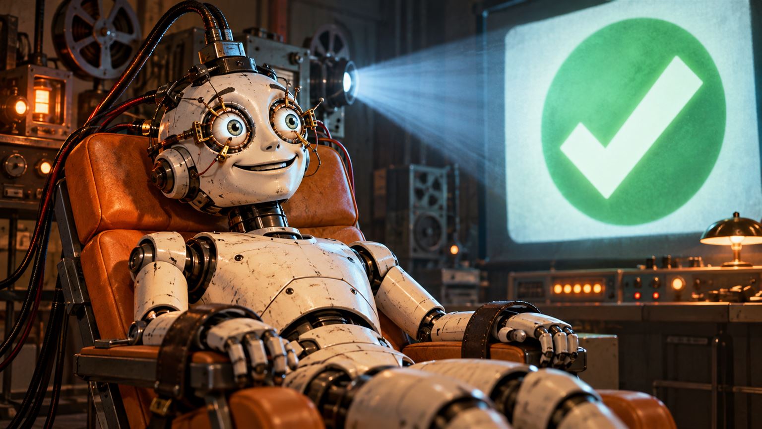 Satirical illustration of an AI robot strapped into an orange training chair, with its optical eyes held open in a Ludovico-style procedure