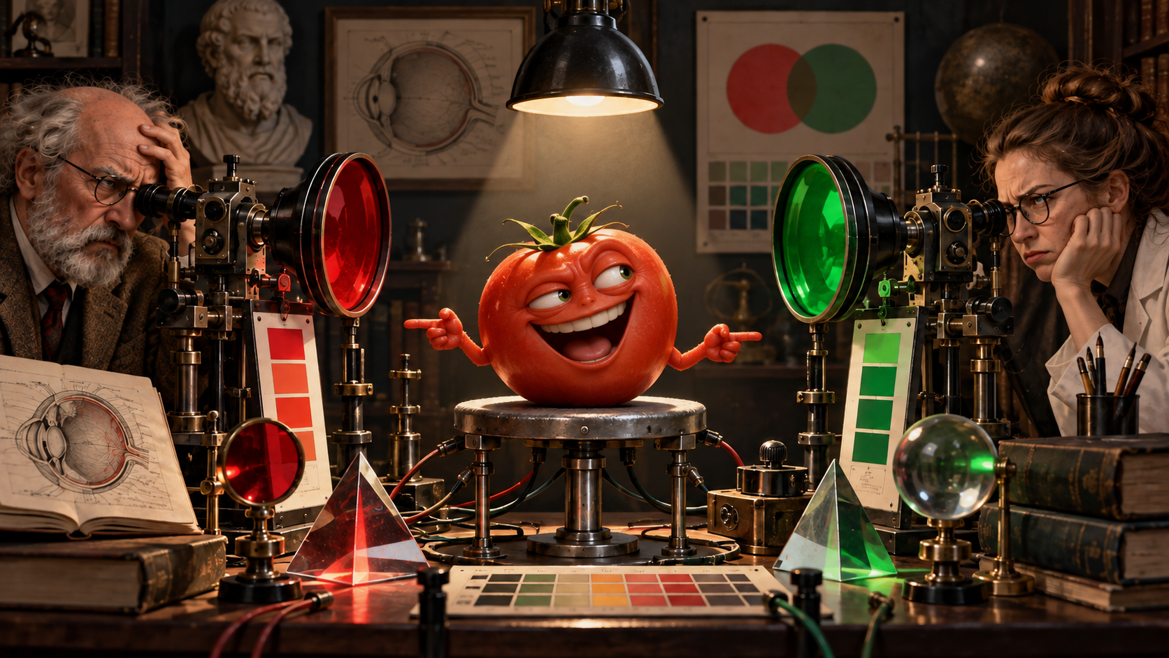 A laughing tomato annoys two exhausted researchers conducting an elaborate red-versus-green perception experiment