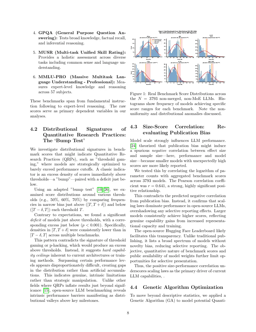 Page from Aron's benchmarking paper, showing score distributions for 3,793 language models