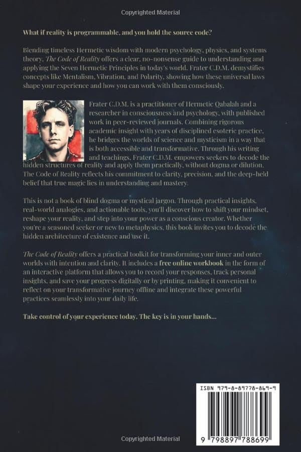 Back cover of The Code of Reality, with the book description and author biography.